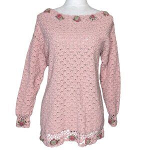 Noile Silk EXchange Women's Silk Cotton Floral Crochet Boat Neck Sweater Medium